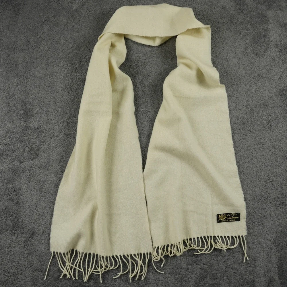 100% Cashmere Scarf Made in‎ England Cream Off White Ivory Fringed Old Money